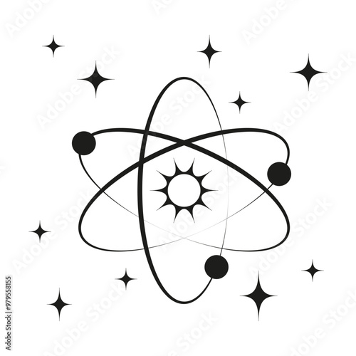 Atomic symbol icon. Orbiting electrons graphic. Black and white science. Simple vector shape.