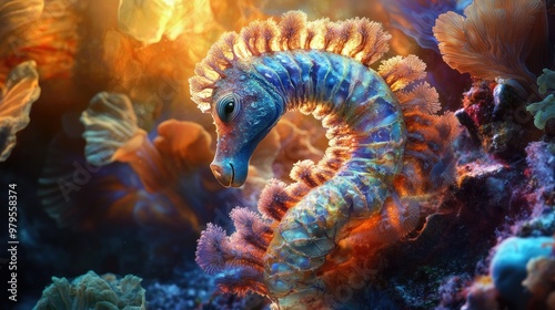 An elegant sea horse curled around a piece of coral, its delicate features and vibrant colors illuminated by the surrounding light.