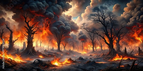 Flames engulf a desolate, twisted landscape of charred trees, burning rubble, and sulfurous clouds, conveying apocalyptic dread and eternal suffering in a fiery underworld. photo