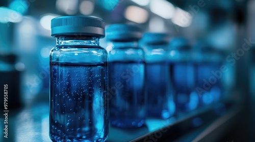 Vials of Medical Products in Cold Storage with Cool Blue Lighting and Blurred Background