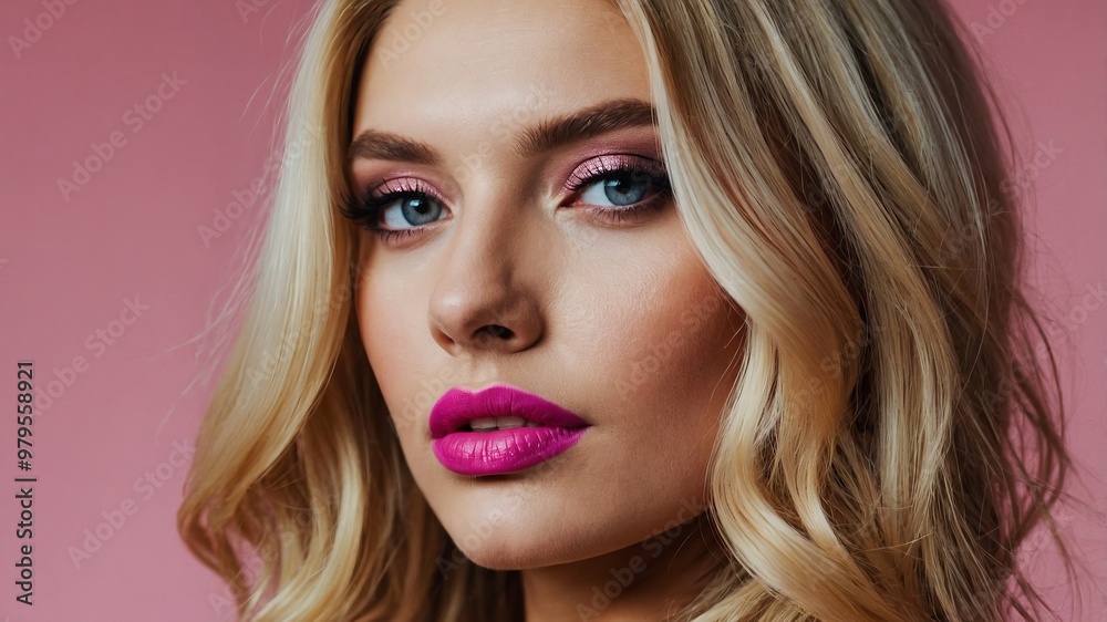 Fototapeta premium Beautiful blond woman with pink lipstick and eyeshadow