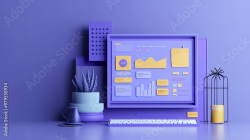 A vibrant purple workspace featuring a computer screen, plants, and stylish decor, ideal for modern office aesthetics. photo