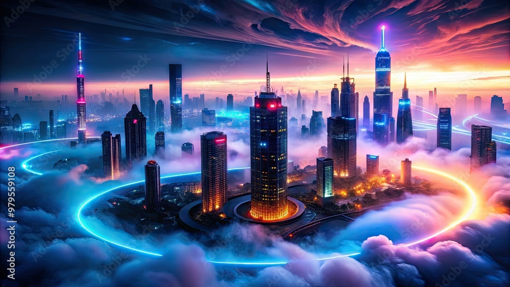 Obraz premium Glowing neon lights swirl amidst misty fog, creating a mesmerizing, futuristic cityscape backdrop with a sense of mystery and otherworldly allure.