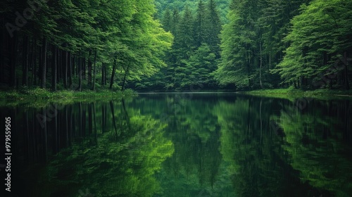 Serene forest lake surrounded by trees, the calm water reflecting the natural beauty of the forest.