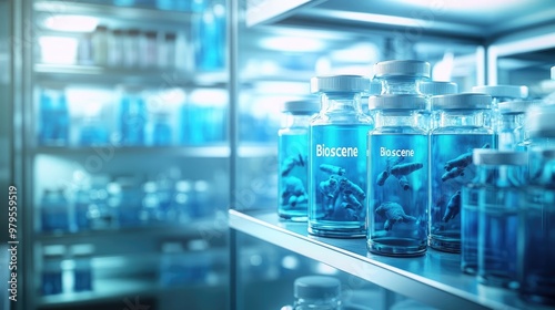 Vials of Medical Products in Cold Storage with Cool Blue Lighting and Blurred Background