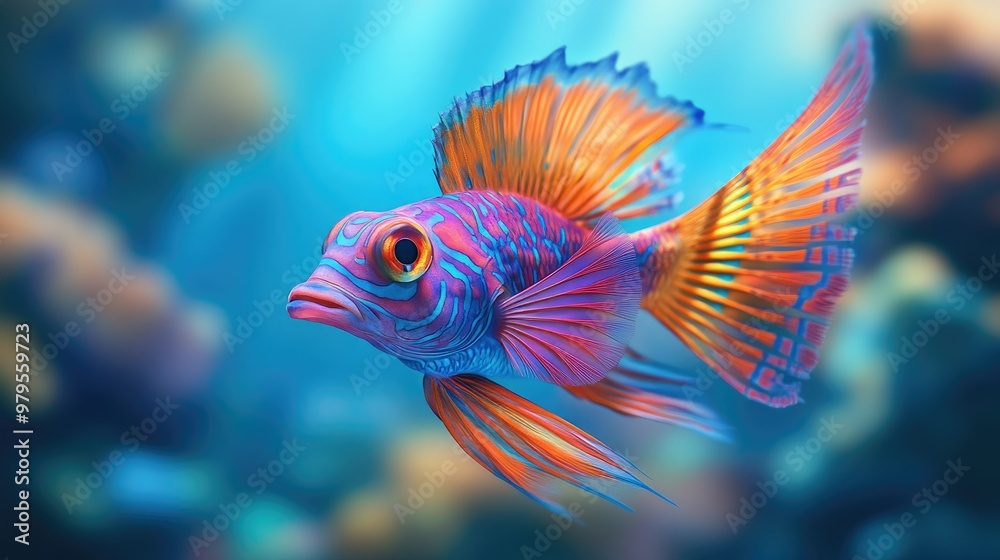 Fototapeta premium Close-up of a beautiful, exotic sea fish with elaborate fins and striking colors, set against a blurred ocean background
