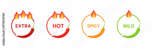 Spicy pepper level set icons. Flat style. Vector icons.