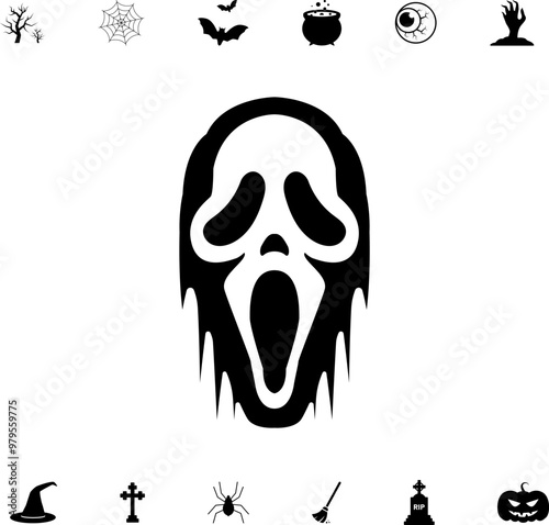 Horror and scary halloween faces silhouette icon, Pumpkin, emoji and tattoo ghost smile spooky jack evil mouth eyes scary silhouette vector illustration 