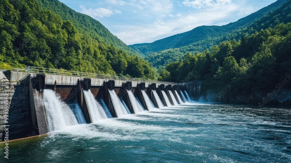 Water flowing steadily through the spillway of a hydroelectric dam, with green hills and forests in the background. Water flowing steadily through the spillway of a hydroelectric dam, with green hills and forests in the background.