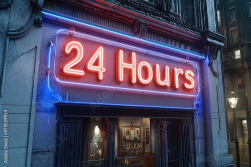 3D illustration of neon letter sign with the quote "24 Hours", lifestyle and store concept with generative ai