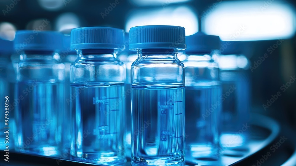 Vials of Medical Products in Cold Storage with Cool Blue Lighting and Blurred Background Vials of Medical Products in Cold Storage with Cool Blue Lighting and Blurred Background