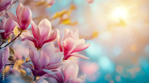 Beautiful blooming magnolia flowers in spring, with pastel pink colors and a blurred background