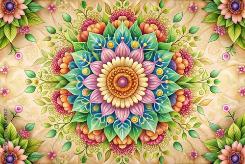 Intricately designed floral mandala with vibrant petals and leaves, symmetrical and harmonious, set against a soft, creamy background, evoking serenity and spiritual growth. photo