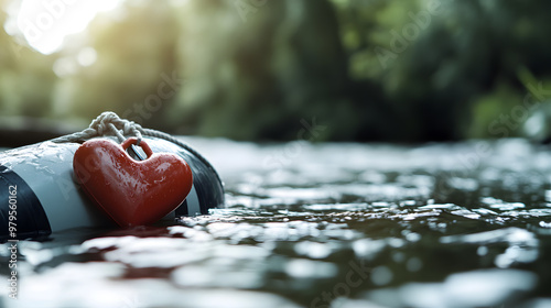 A heart-shaped lifebuoy floating in floodwater symbolized