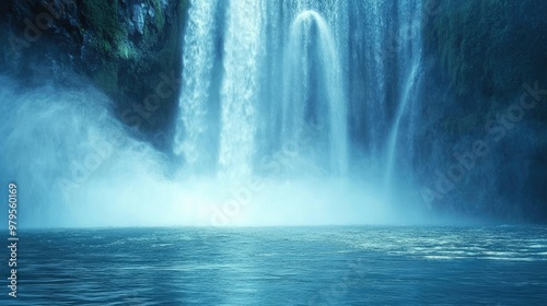 Close-up of a powerful waterfall plunging into a clear pool, with mist creating a dreamy atmosphere.