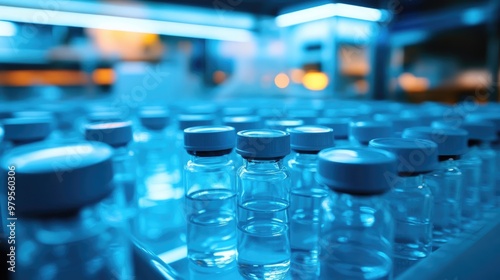 Vials of Medical Products in Cold Storage with Cool Blue Lighting and Blurred Background