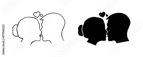 Kiss icons. Linear and silhouette style. Vector icons.