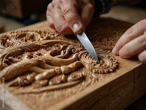 Close-up of hands chiseling detailed wood carvings with visible grain. photo