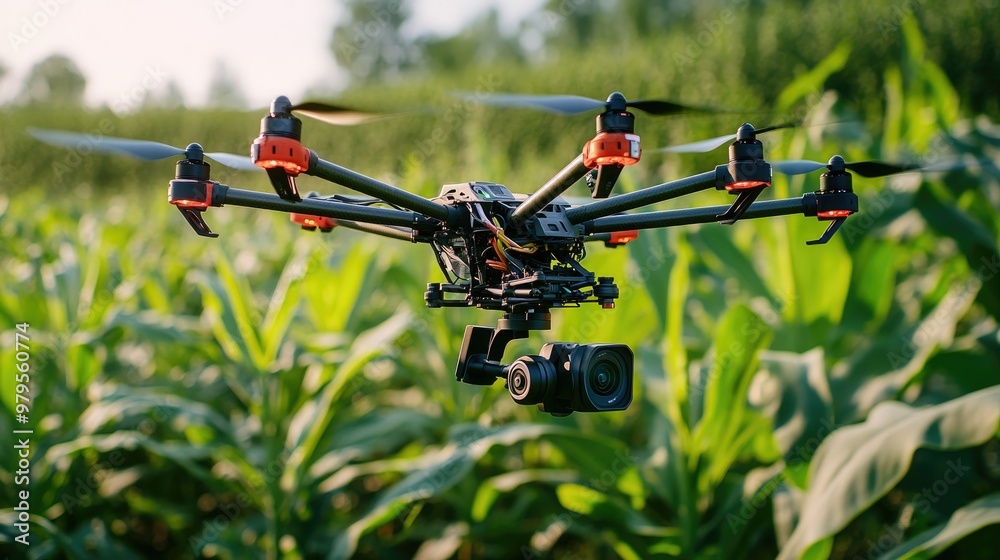 Close-up of an agricultural drone's camera capturing detailed images of crops for analysis.
