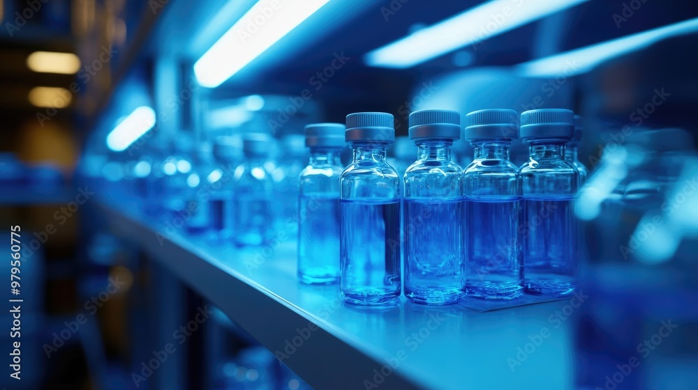 Vials of Medical Products in Cold Storage with Cool Blue Lighting and Blurred Background Vials of Medical Products in Cold Storage with Cool Blue Lighting and Blurred Background