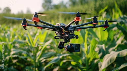 Close-up of an agricultural drone's camera capturing detailed images of crops for analysis.