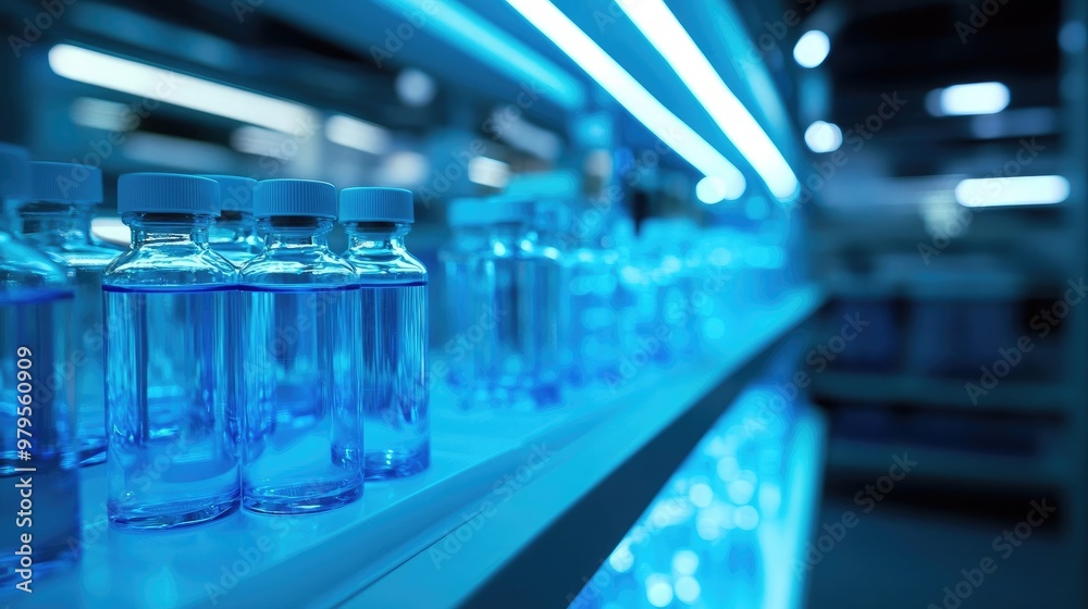 Vials of Medical Products in Cold Storage with Cool Blue Lighting and Blurred Background Vials of Medical Products in Cold Storage with Cool Blue Lighting and Blurred Background