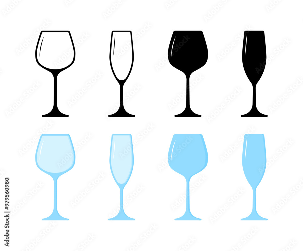 Glass set icons. Linear, silhouette and flat style. Vector icons.