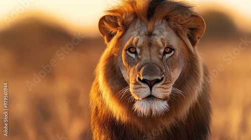 Close-up of a majestic lion with a golden mane, staring intently against a warm, blurred background in the wild at sunset.