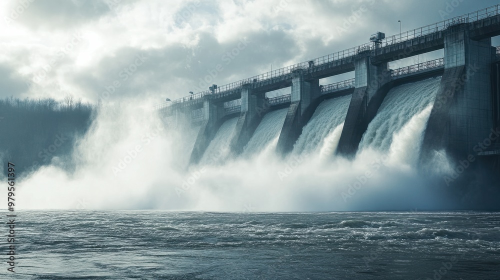 Water powerfully rushing through the spillway of a hydroelectric dam, with mist rising in the air. Water powerfully rushing through the spillway of a hydroelectric dam, with mist rising in the air.