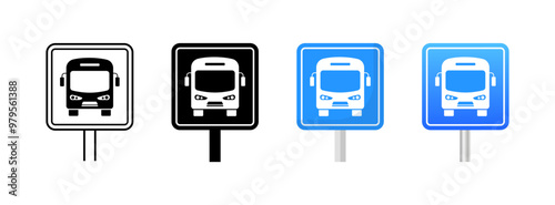 Bus road sign set icons. Flat and silhouette style. Vector icons.