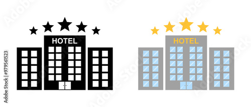 Five star hotel icons. Silhouette and flat style. Vector icons.