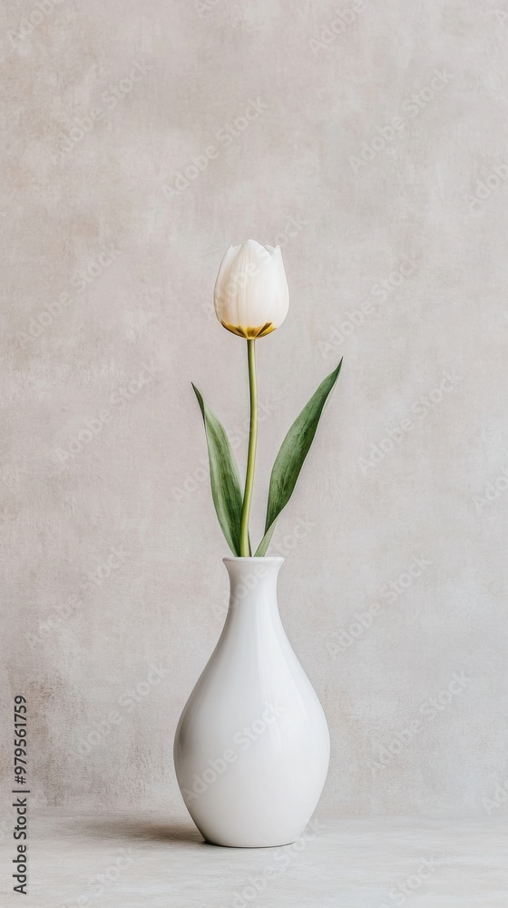 A delicate white tulip stands elegantly in a minimalist vase against a soft, textured background, conveying simplicity and beauty. A delicate white tulip stands elegantly in a minimalist vase against a soft, textured background, conveying simplicity and beauty.