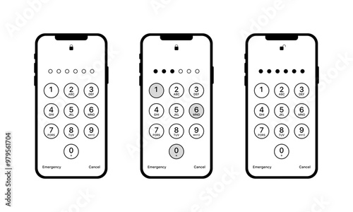 Phone password set icons. Linear and silhouette style. Vector icons.
