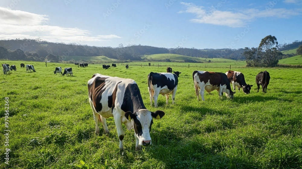 Cows grazing in a lush pasture under a bright blue sky on an organic farm. Cows grazing in a lush pasture under a bright blue sky on an organic farm.