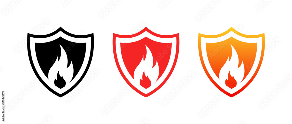 Fire shield set icons. Silhouette and flat style. Vector icons. Fire shield set icons. Silhouette and flat style. Vector icons.