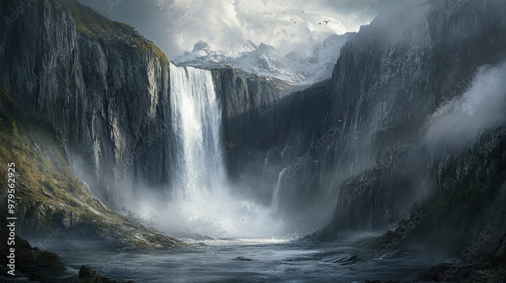 Dramatic waterfall in a remote mountain area, with towering cliffs and rugged terrain surrounding it. Dramatic waterfall in a remote mountain area, with towering cliffs and rugged terrain surrounding it.