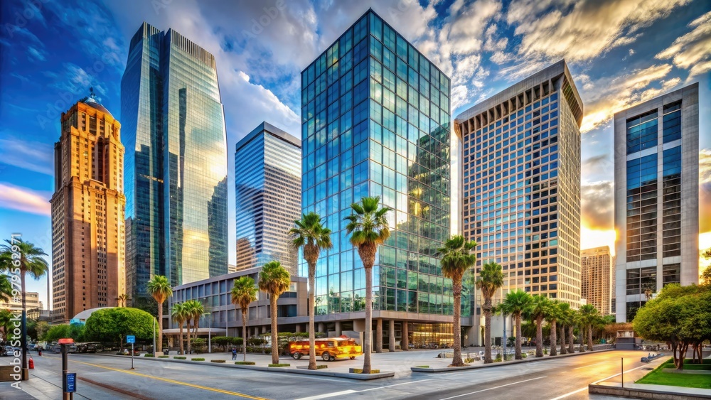Obraz premium Modern glass skyscraper with sleek architecture and sprawling plaza welcomes visitors in downtown Los Angeles, California, amidst vibrant cityscape and palm tree-lined streets.