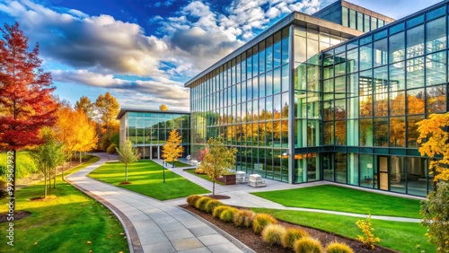 Modern academic building with glass atrium and sleek architecture set amidst lush greenery and walking paths on a picturesque university campus in autumn. photo