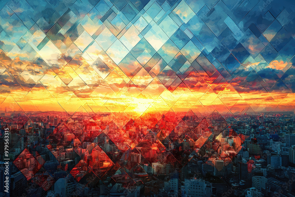 Fototapeta premium A stunning abstract diamond mosaic forms vibrant cityscape at sunset, showcasing blend of colors and geometric patterns that evoke sense of wonder and beauty