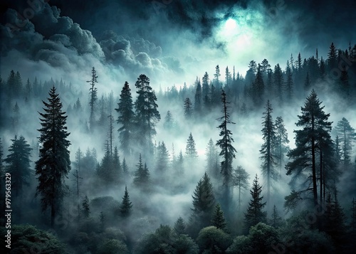 Ominous dark misty fog creeps over a deserted mystical forest, setting a hauntingly eerie atmosphere of foreboding doom and malevolent supernatural presence.