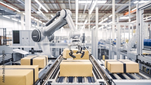 Automation in Action: Robotic Arm Handling Packages in a Modern Warehouse. A state-of-the-art robotic arm efficiently sorts and manages packages on a conveyor belt in a spacious, high-tech warehouse.