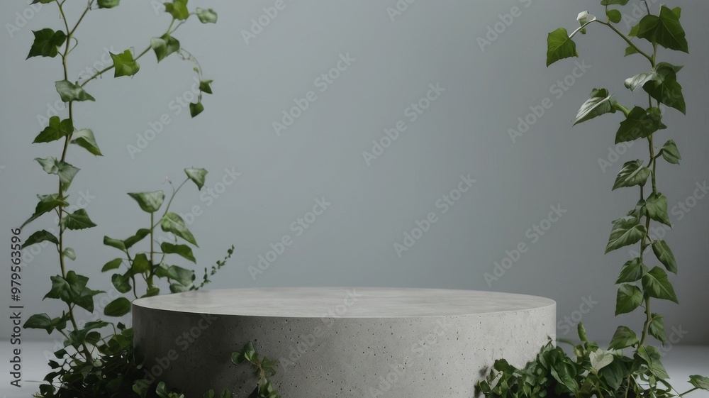 Circular concrete pedestal surrounded by lush green ivy Circular concrete pedestal surrounded by lush green ivy