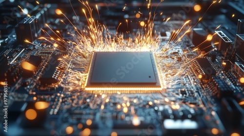 A close-up view of a microchip emitting sparks, showcasing advanced technology and intricate circuit designs.