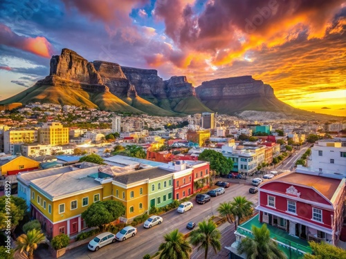 Panoramic view of vibrant Cape Town cityscape with iconic Table Mountain backdrop, colorful Bo-Kaap houses, and bustling waterfront at sunset in Western Cape, South Africa. photo