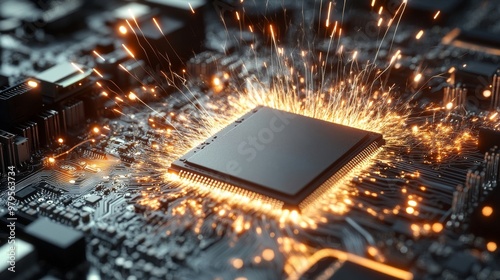 A high-tech close-up of a computer chip surrounded by glowing sparks, showcasing advanced technology and innovation.