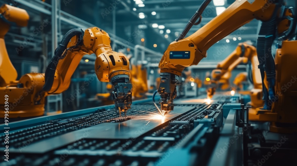 Advanced robotic laser cutting system in a modern factory, precision technology shaping metal sheets, showcasing automation and industrial innovation in action. Advanced robotic laser cutting system in a modern factory, precision technology shaping metal sheets, showcasing automation and industrial innovation in action.