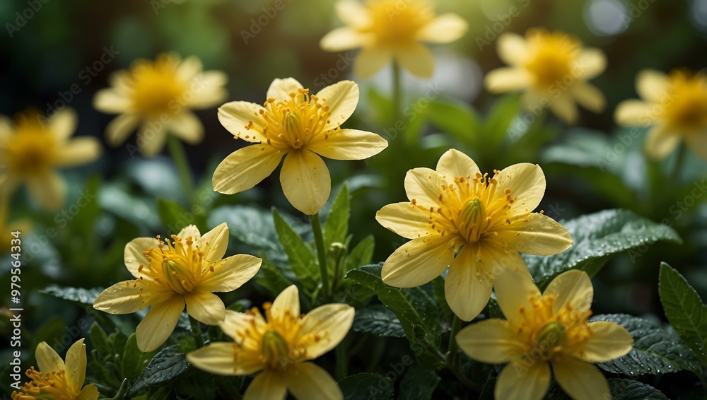 Close-up of vibrant yellow flowers and green leaves with soft lighting, ideal for spring and summer themes. Close-up of vibrant yellow flowers and green leaves with soft lighting, ideal for spring and summer themes.