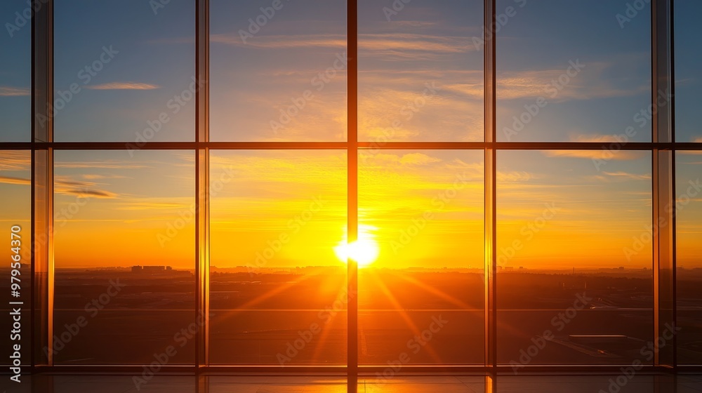 A stunning sunrise view through large windows, showcasing vibrant colors and a peaceful atmosphere. A stunning sunrise view through large windows, showcasing vibrant colors and a peaceful atmosphere.