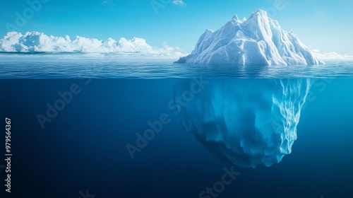 A stunning iceberg floats serenely in crystal clear water, showcasing the beauty of nature above and below the surface.