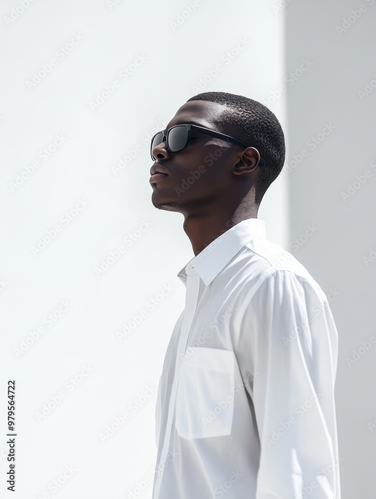 A stylish man in a white shirt and sunglasses stands confidently against a minimal backdrop, exuding modern elegance and sophistication. A stylish man in a white shirt and sunglasses stands confidently against a minimal backdrop, exuding modern elegance and sophistication.